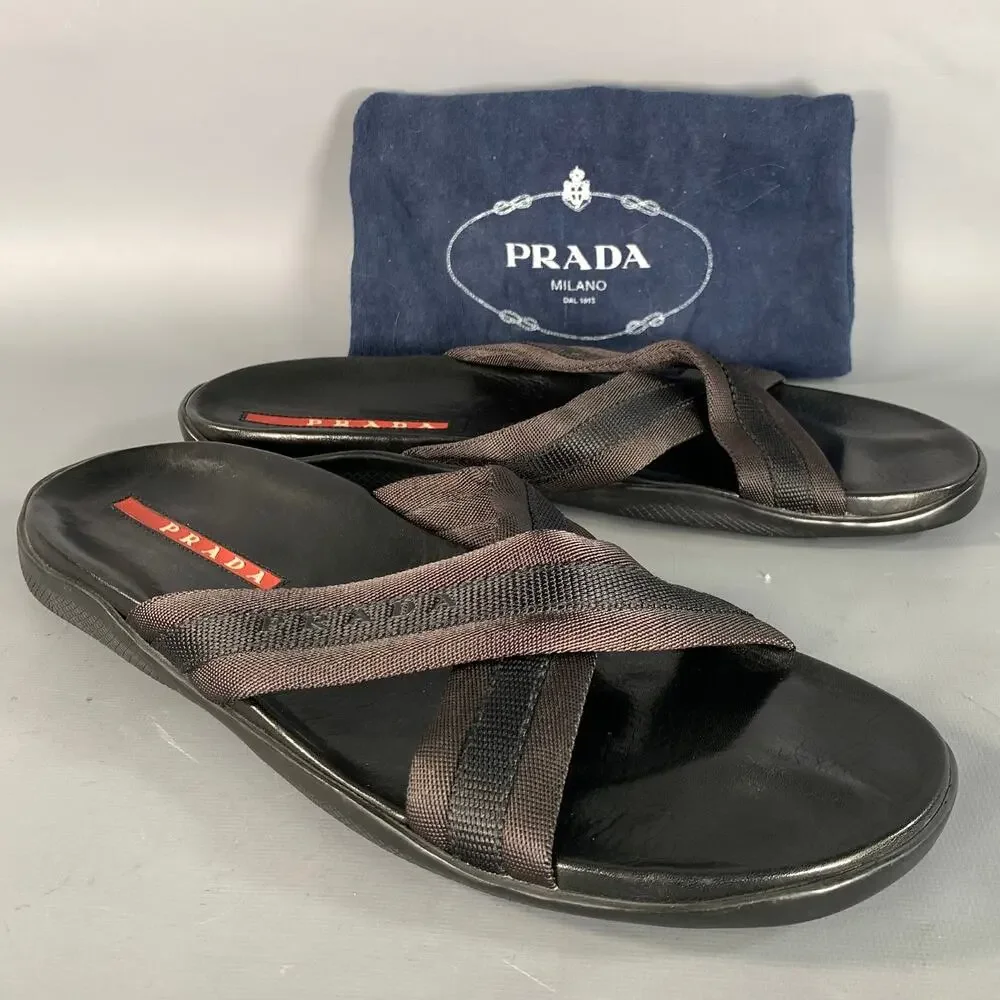PRADA Size 10 Black Mixed Fabrics Leather Canvas Flip flops Sandals